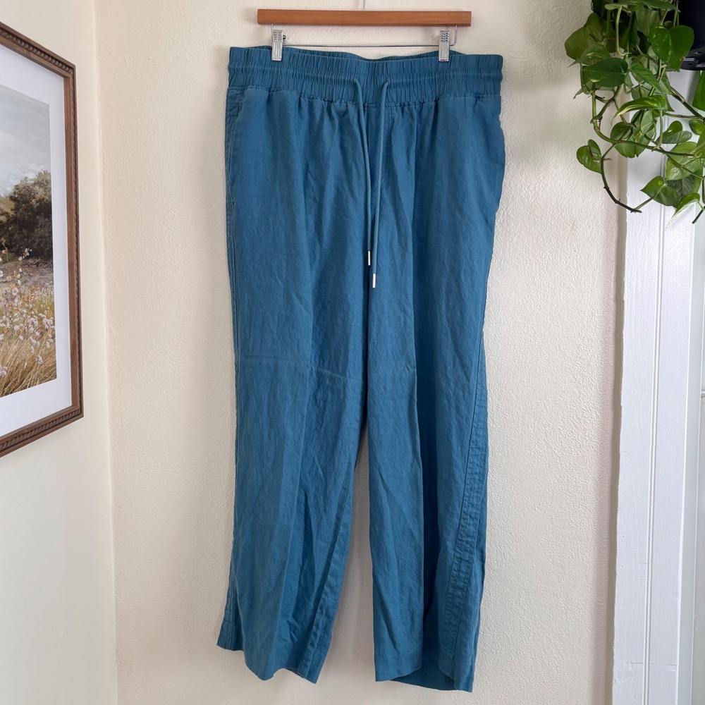 Quince Teal Blue 100% Linen Wide Leg Drawstring Pants Women's XL